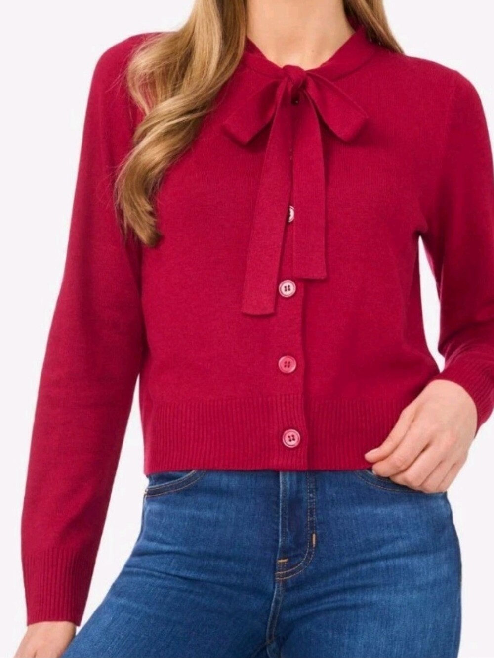 CeCe Size Medium Maroon Tie Long Sleeve Neck Cardigan Msrp $69